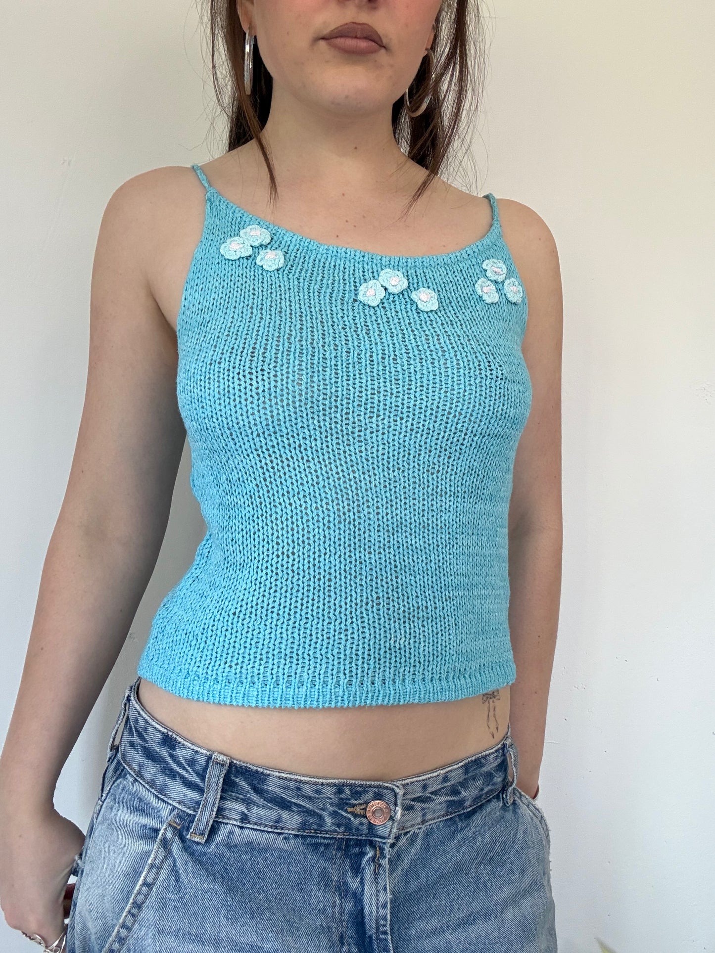 blue knit crochet cami top