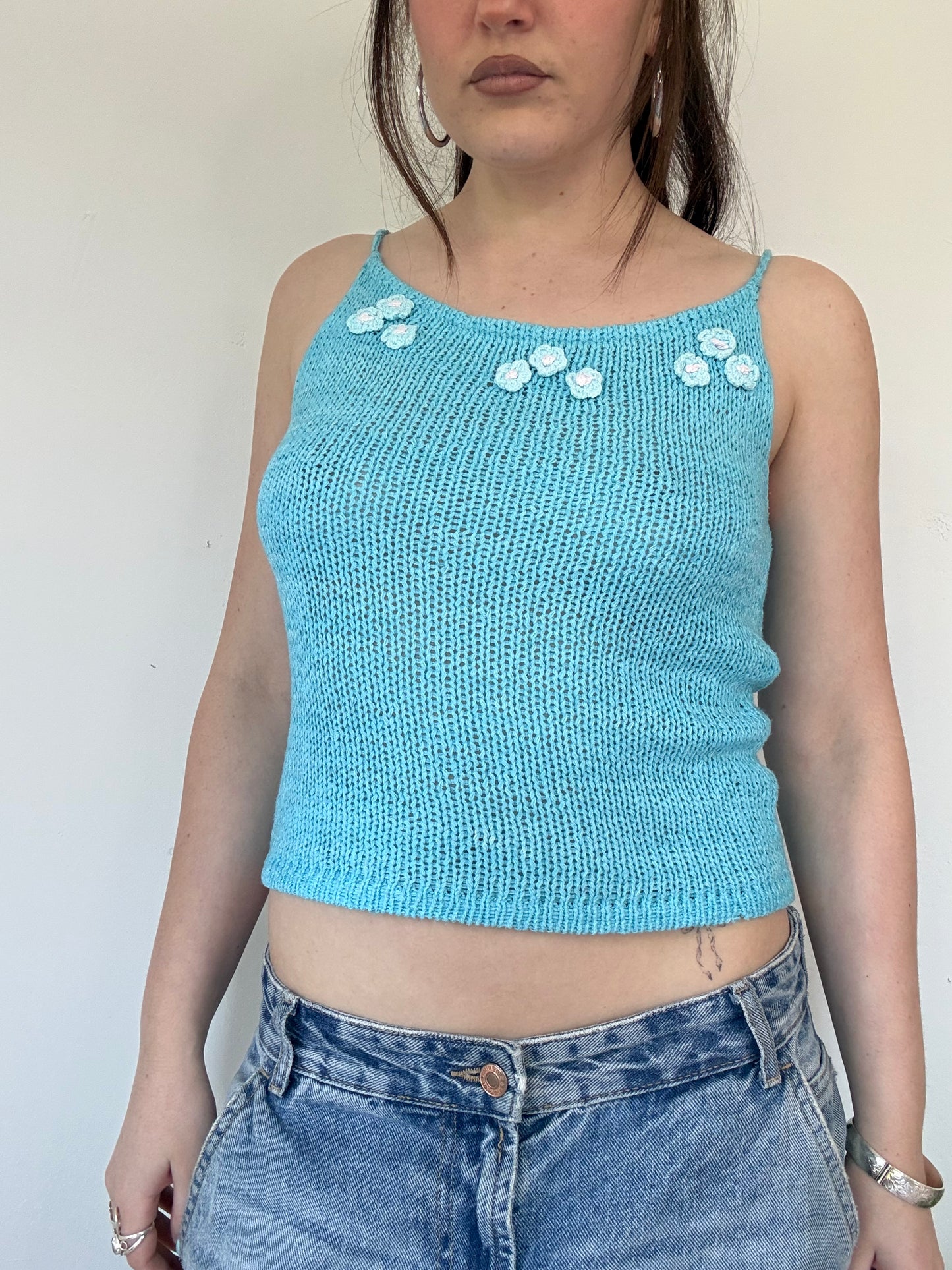 blue knit crochet cami top