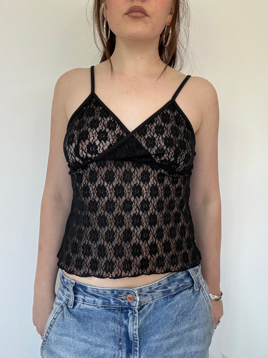 Vintage black sheer lace cami top