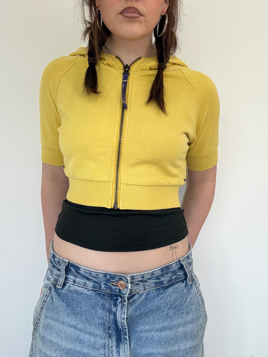 yellow cropped graphic zip up hoodie