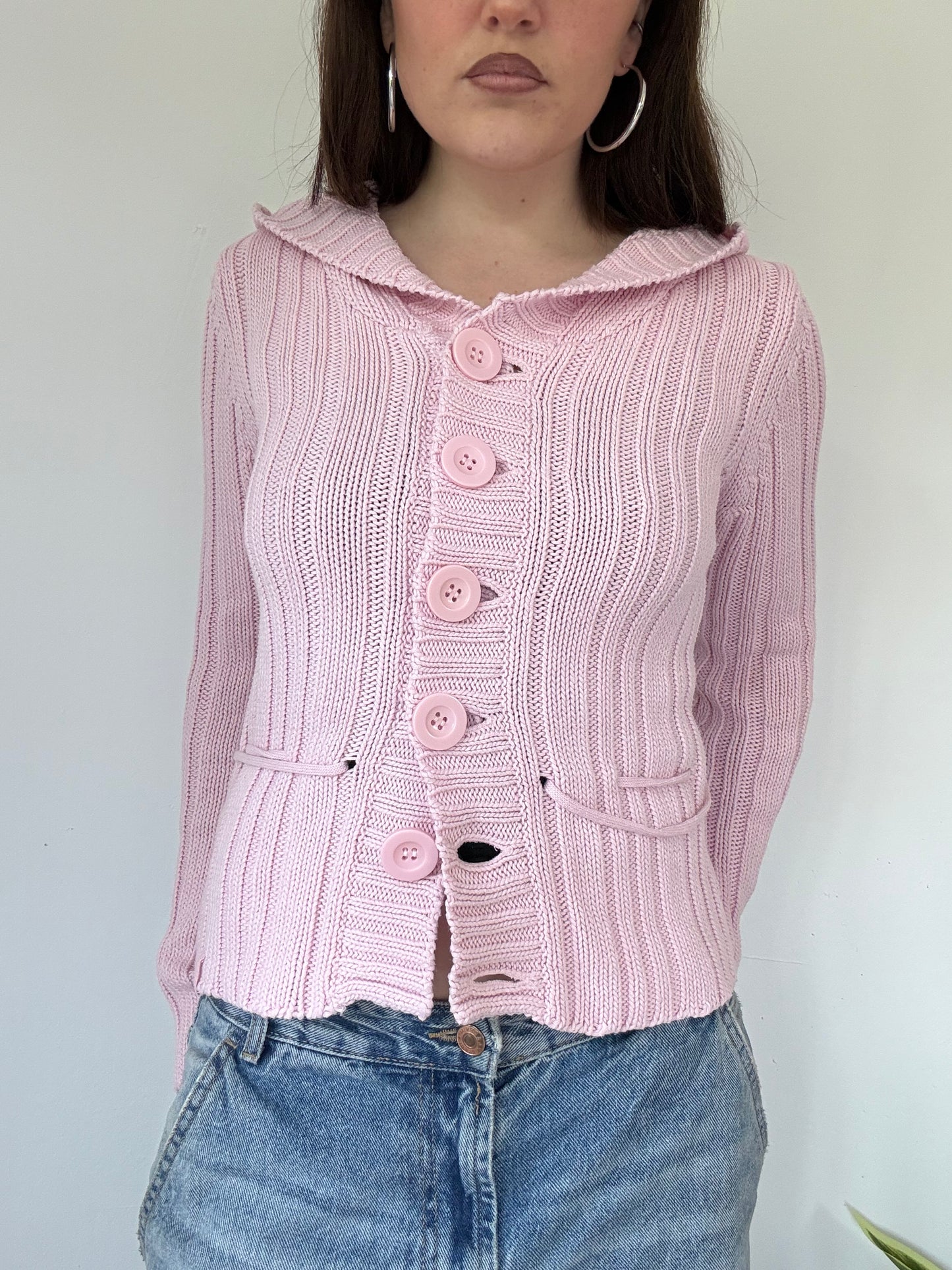 Vintage pink button up hooded cardigan