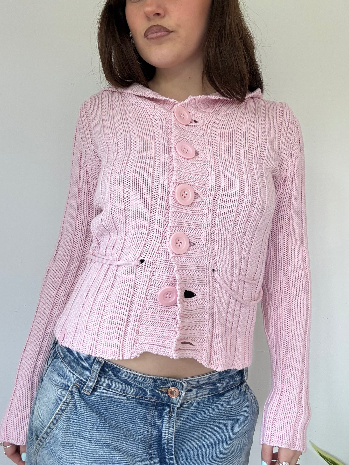 Vintage pink button up hooded cardigan