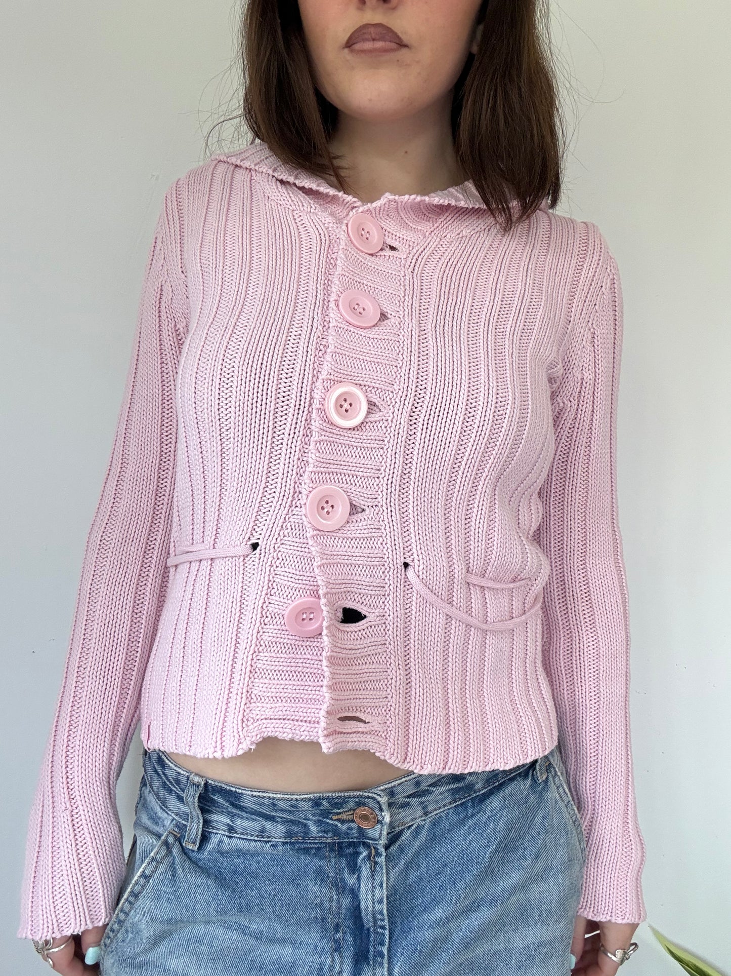 Vintage pink button up hooded cardigan