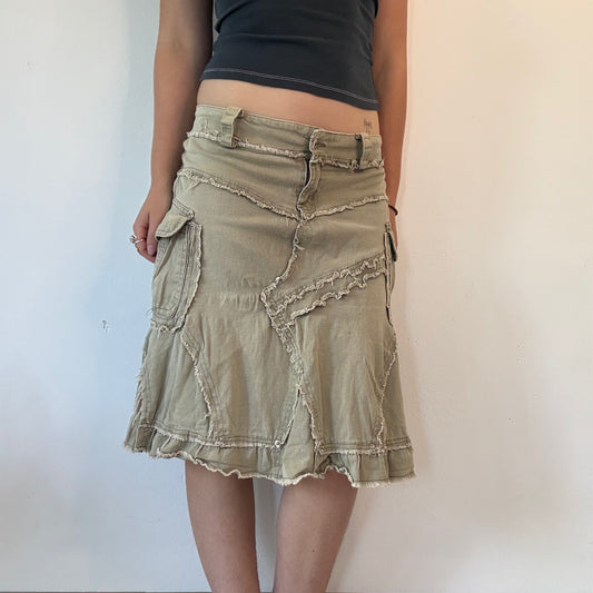 Khaki low rise distressed cargo midi skirt