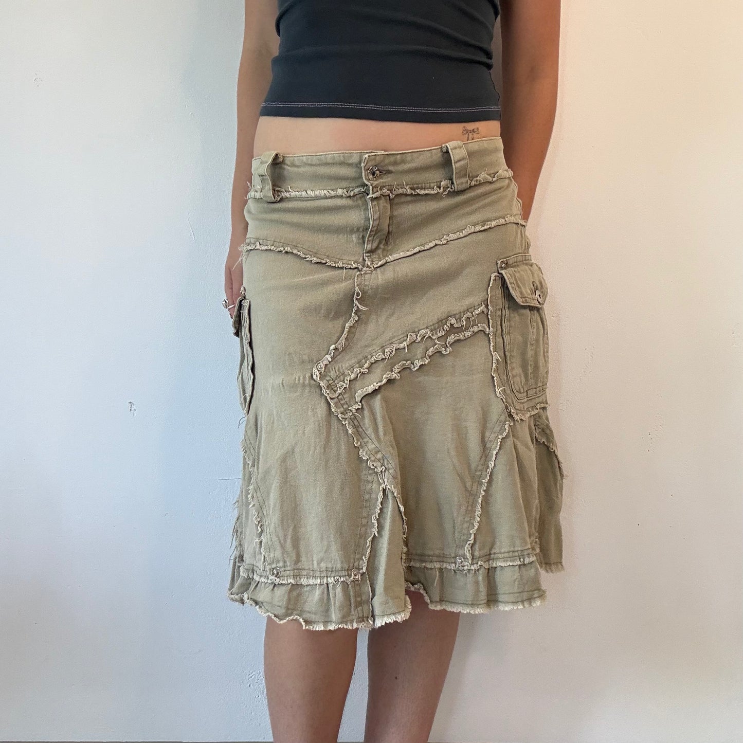 Khaki low rise distressed cargo midi skirt