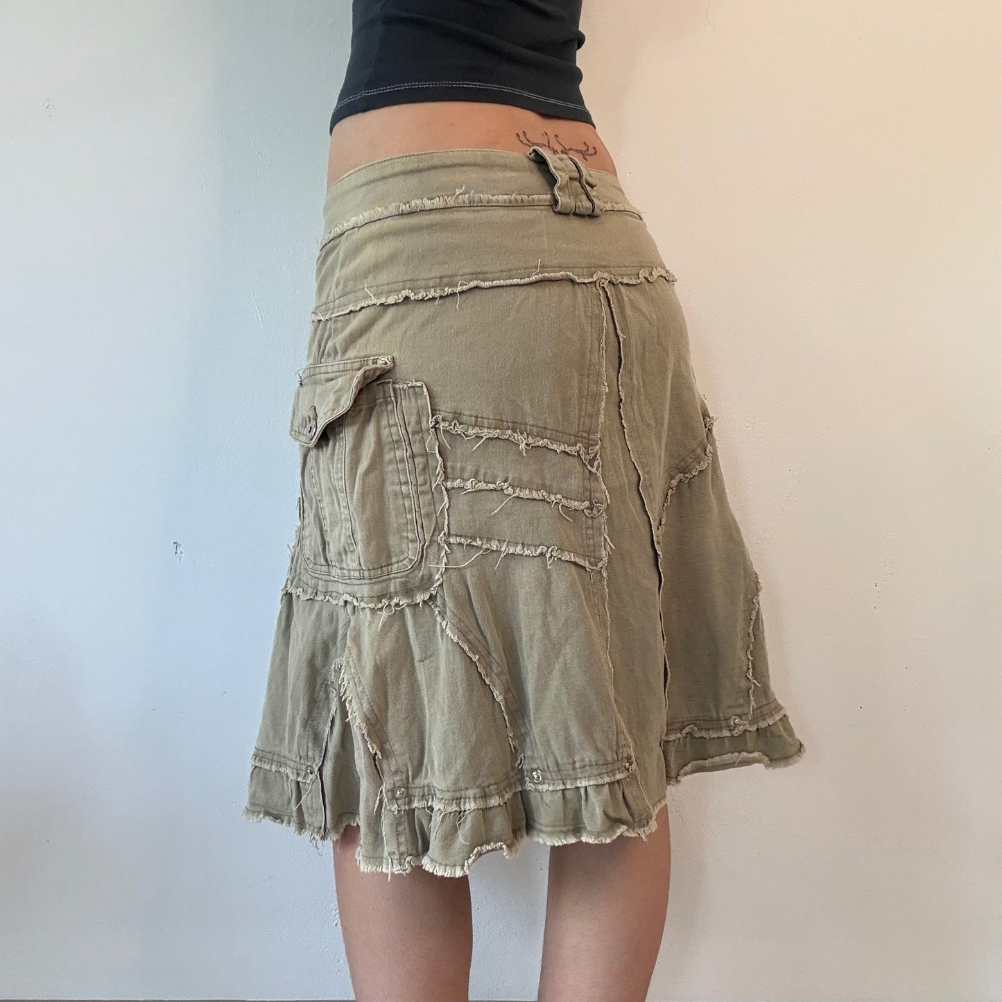 Khaki low rise distressed cargo midi skirt