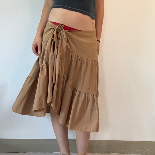 Brown pleated flowy tiered midi skirt