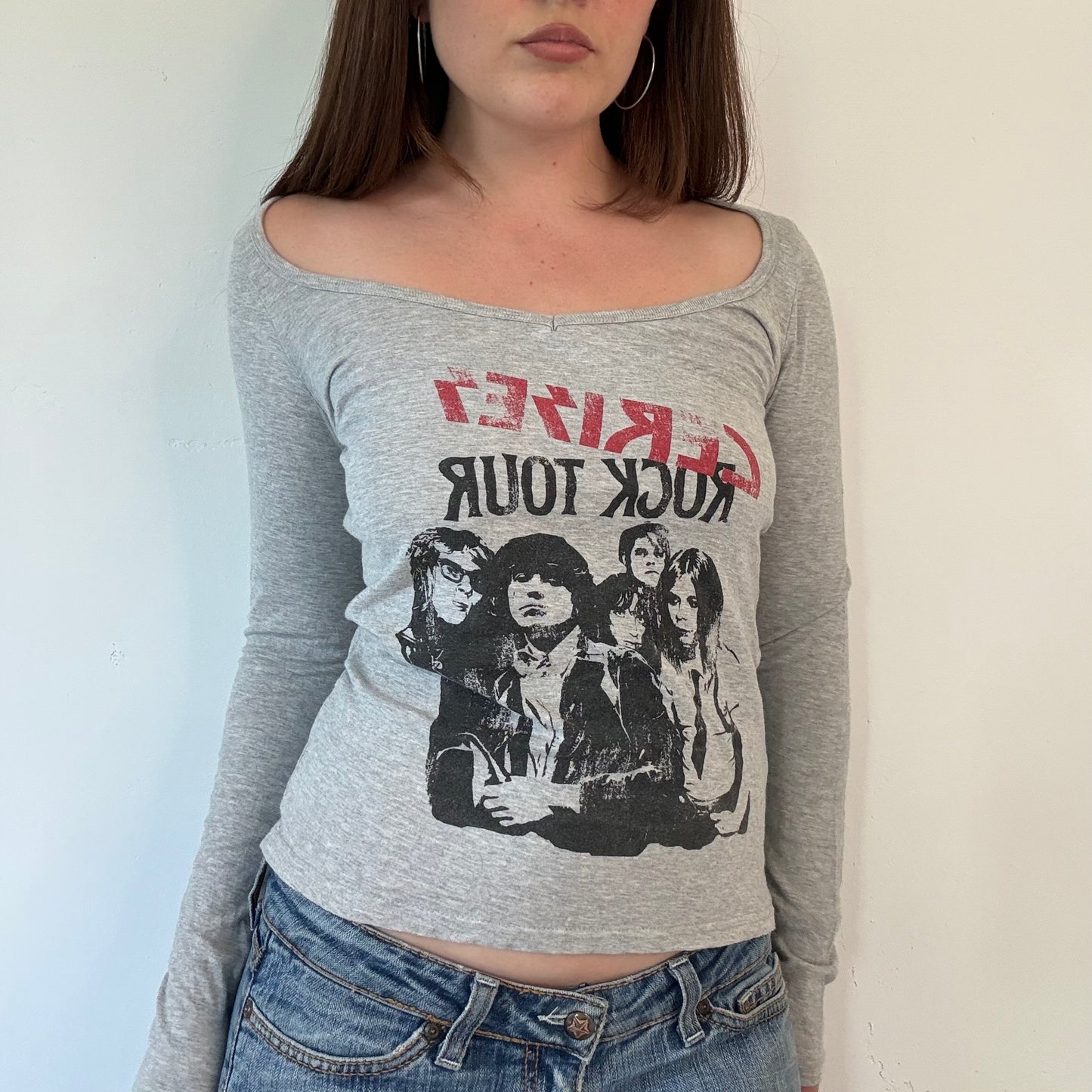 Y2K grey graphic off the shoulder top