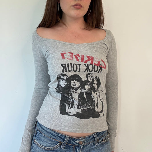 Y2K grey graphic off the shoulder top