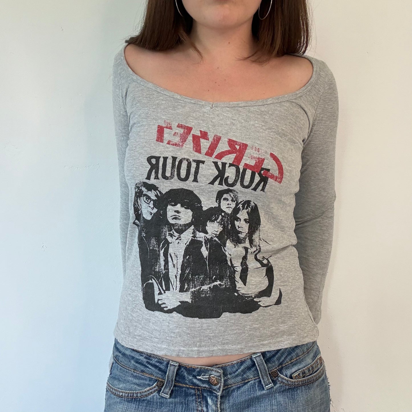 Y2K grey graphic off the shoulder top