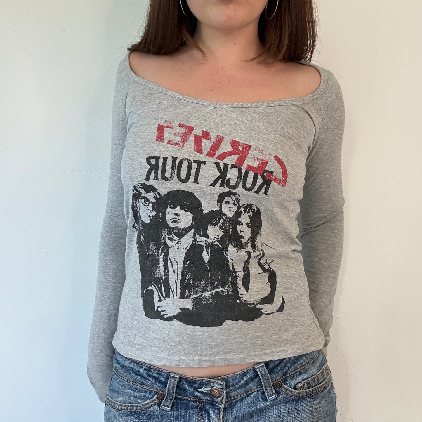 Y2K grey graphic off the shoulder top