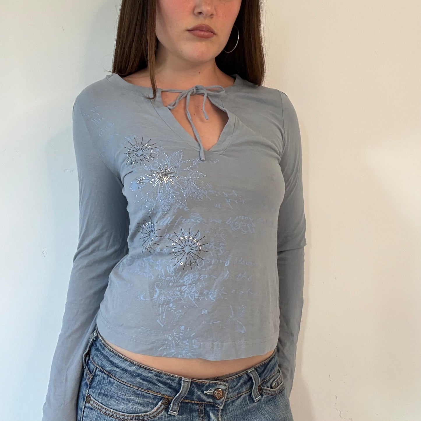 Y2k blue embellished long sleeve top