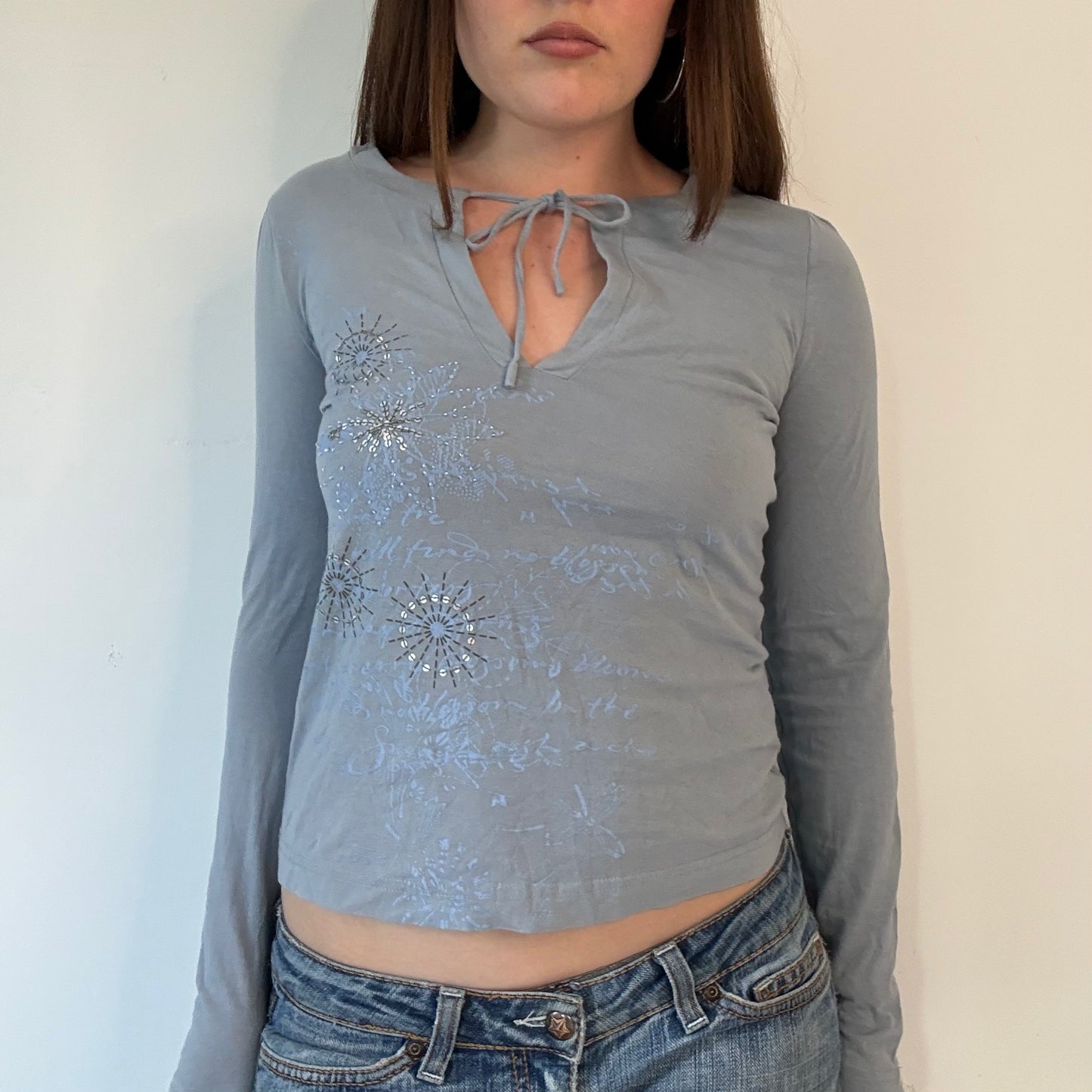 Y2k blue embellished long sleeve top