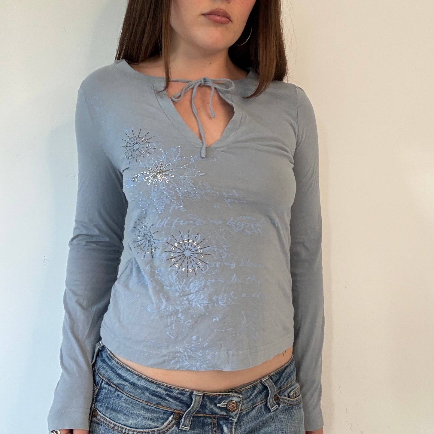 Y2k blue embellished long sleeve top