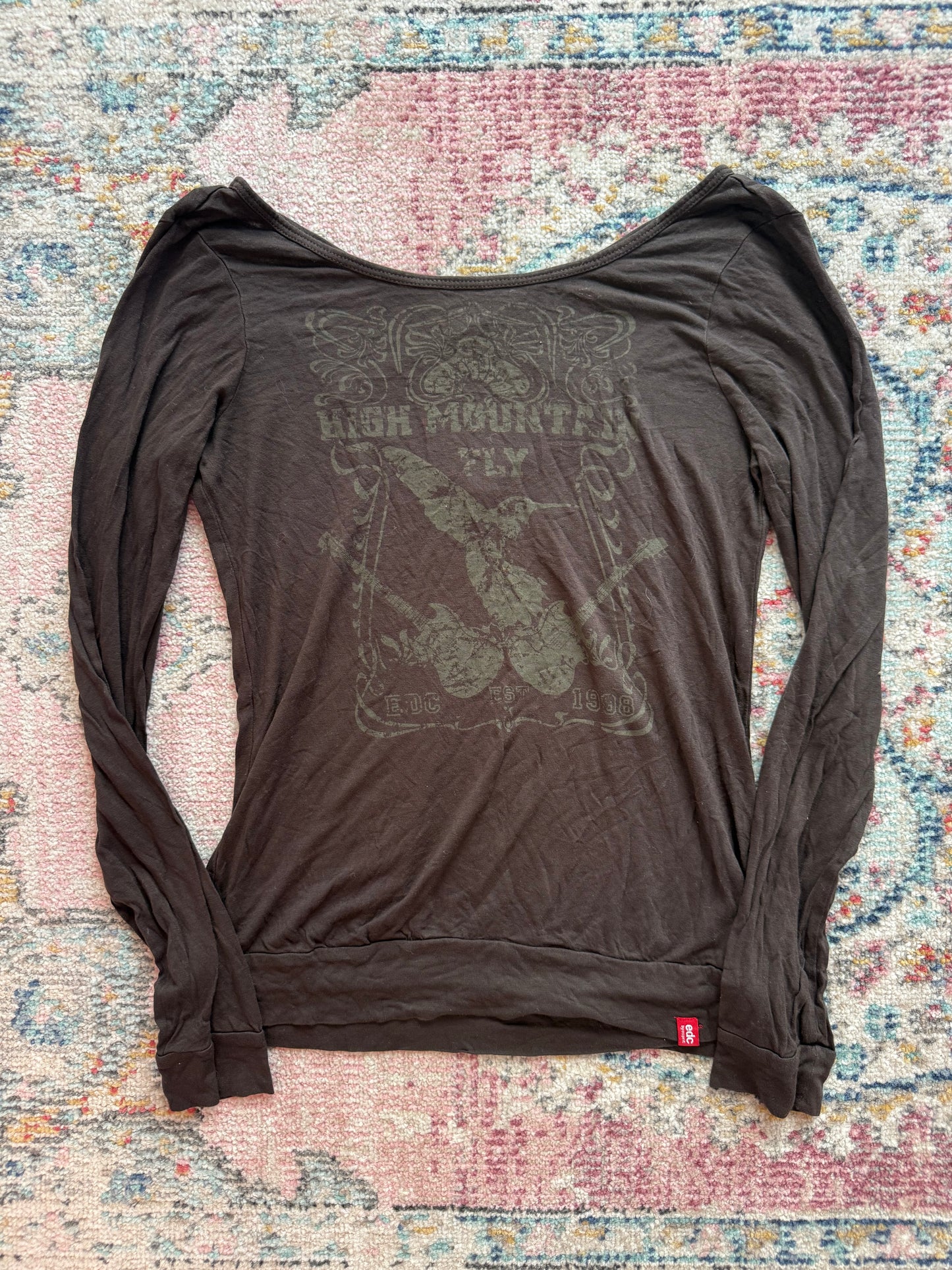 Y2K Brown Graphic Long Sleeve Criss Cross Back Top