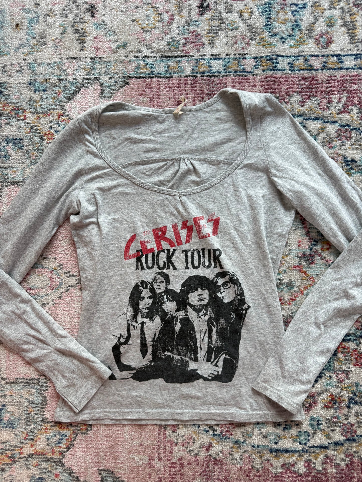 Y2K grey graphic off the shoulder top
