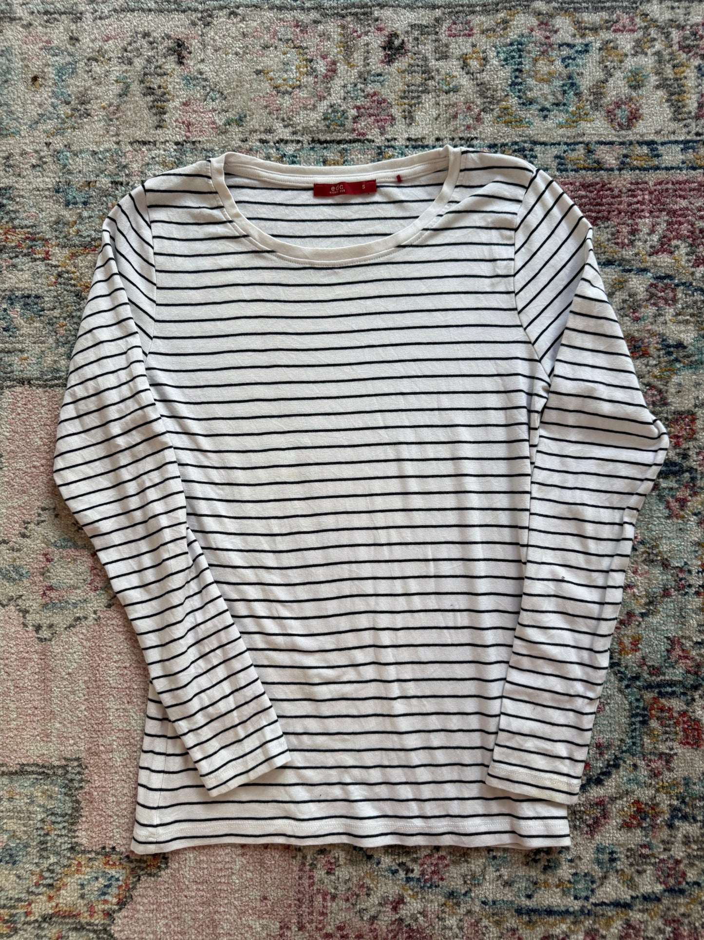 Vintage White Navy Stripe Fitted Long Sleeve Top