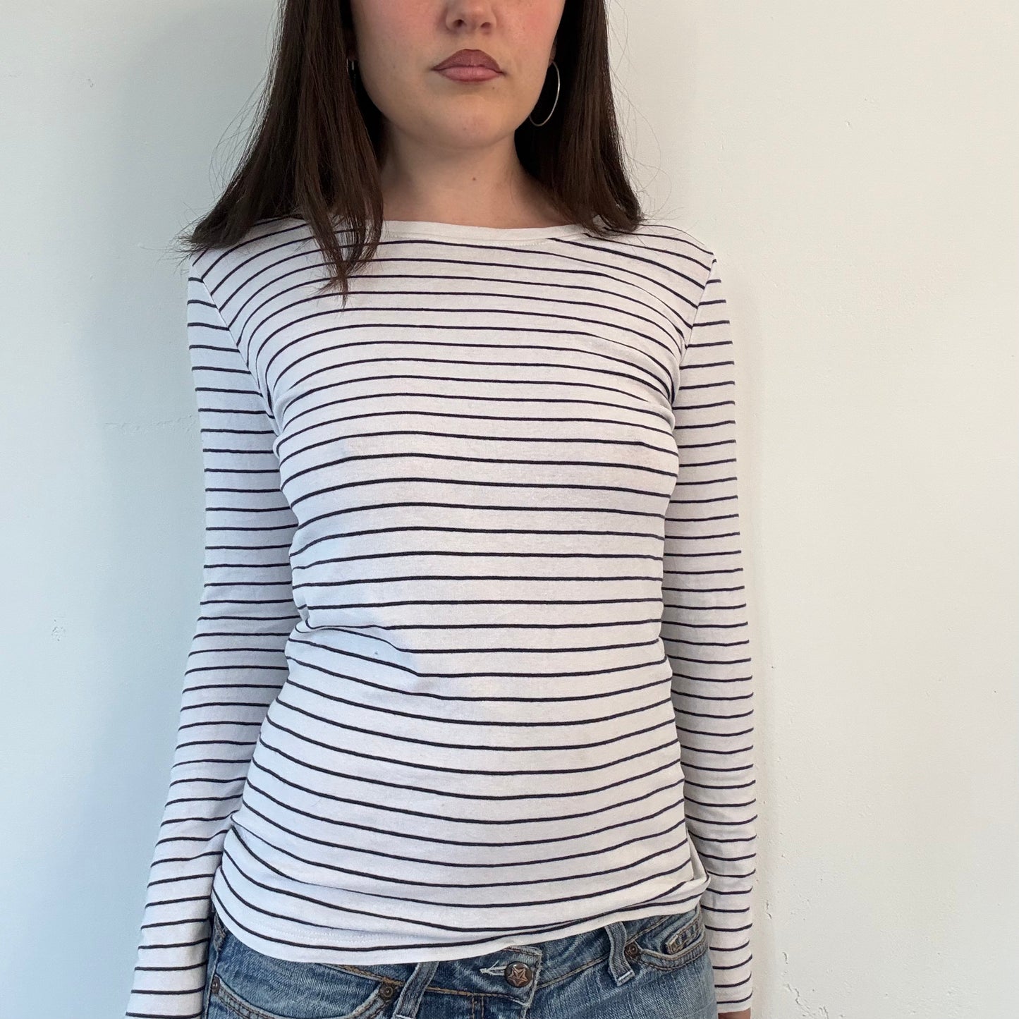 Vintage White Navy Stripe Fitted Long Sleeve Top