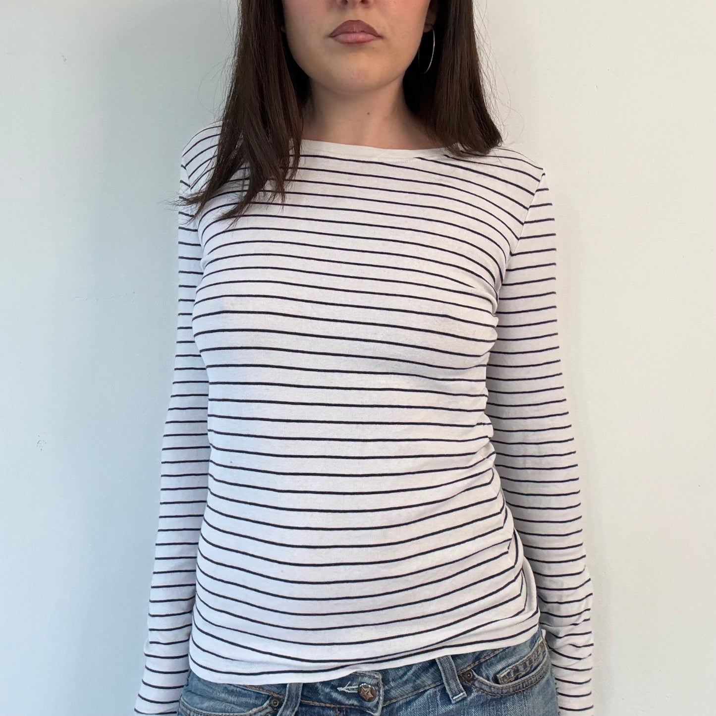 Vintage White Navy Stripe Fitted Long Sleeve Top
