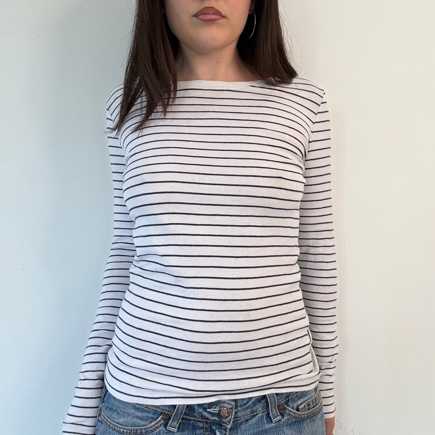 Vintage White Navy Stripe Fitted Long Sleeve Top