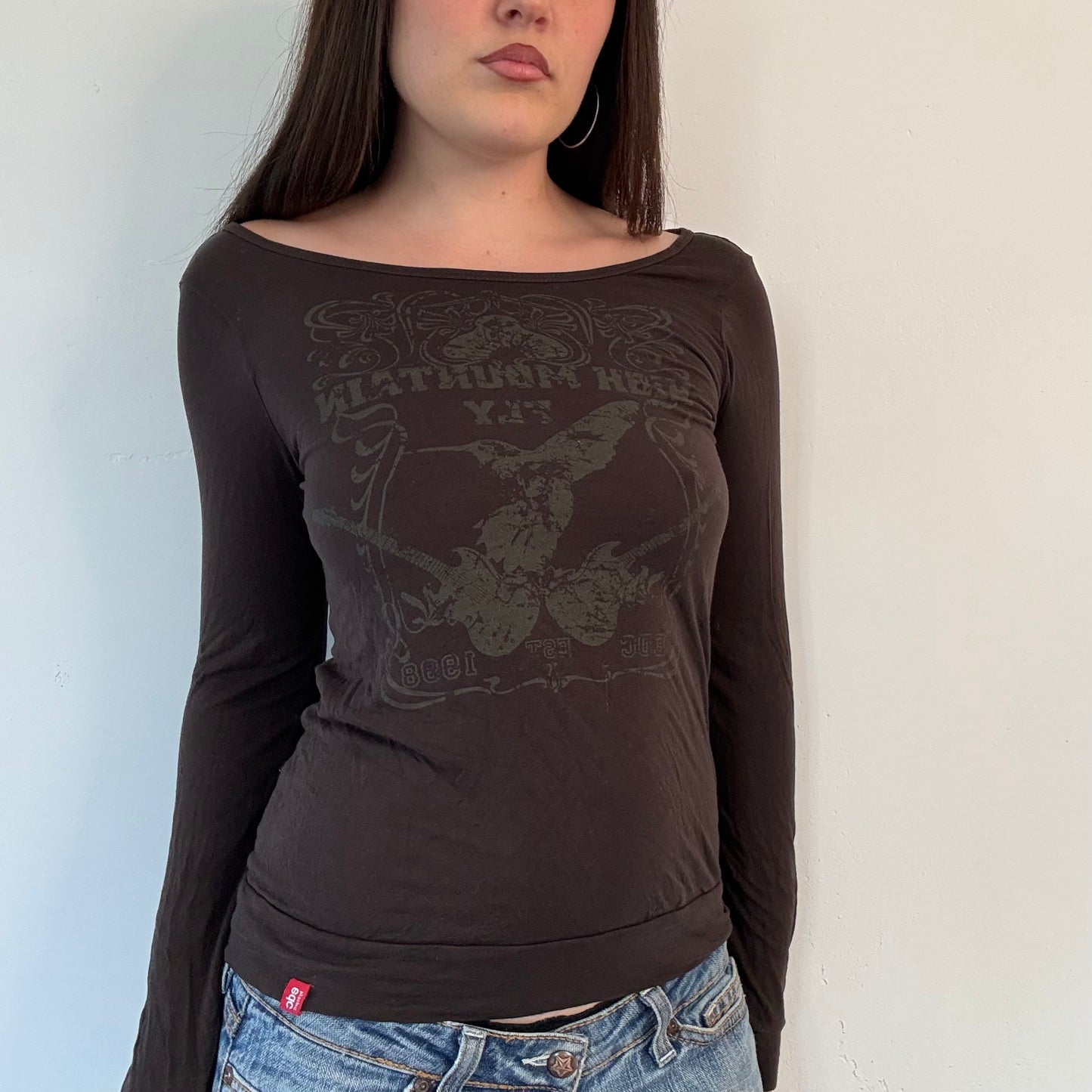Y2K Brown Graphic Long Sleeve Criss Cross Back Top