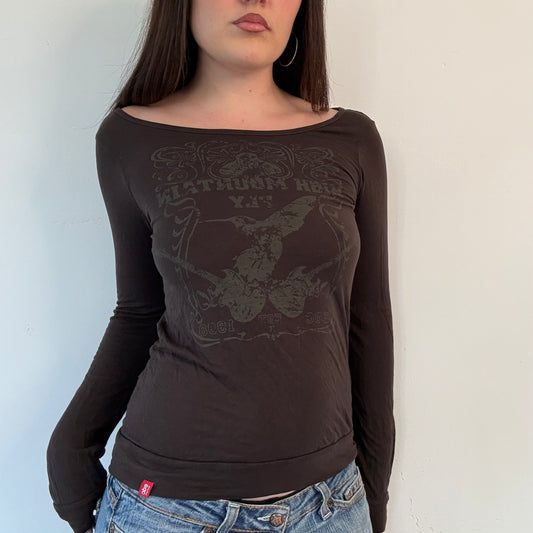 Y2K Brown Graphic Long Sleeve Criss Cross Back Top