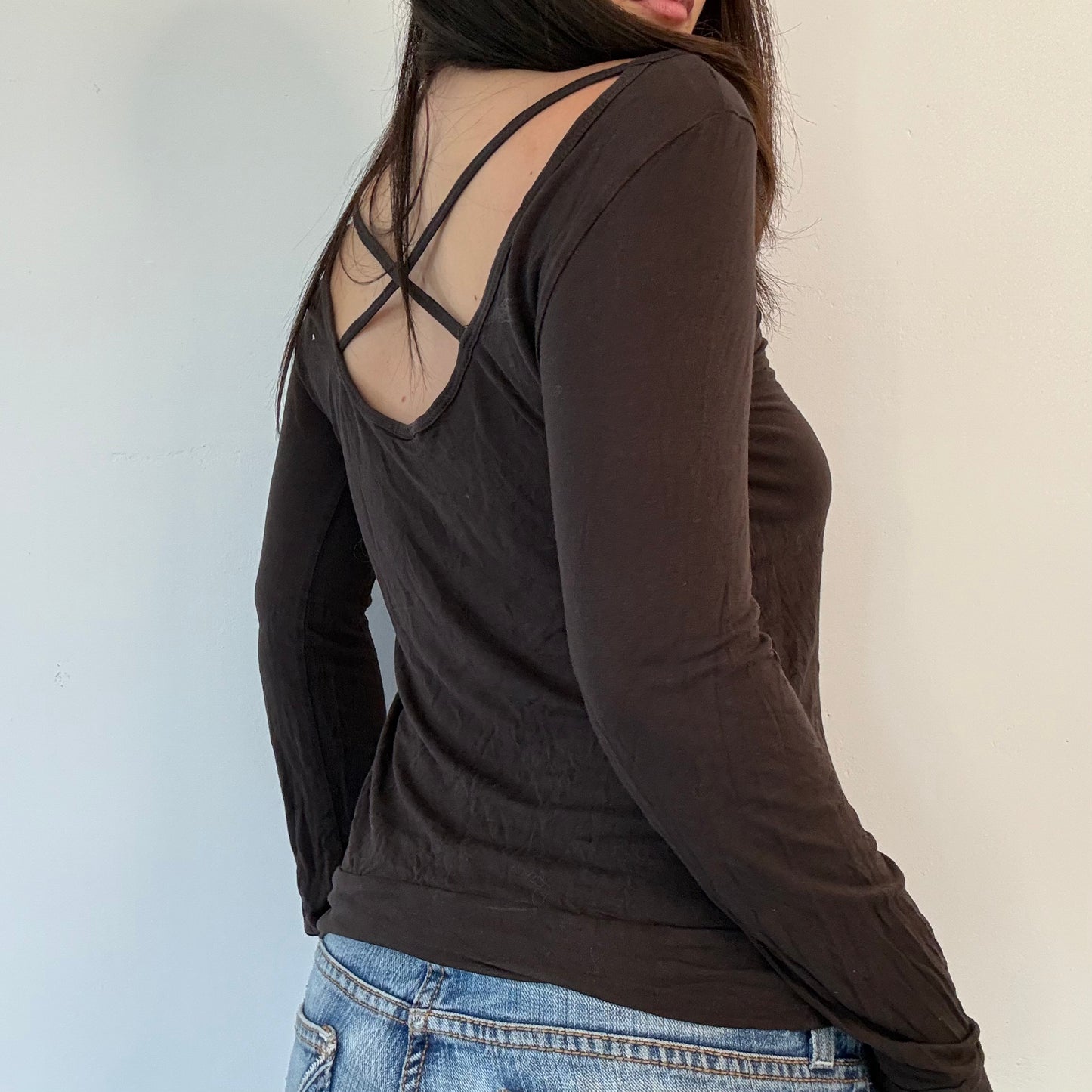 Y2K Brown Graphic Long Sleeve Criss Cross Back Top
