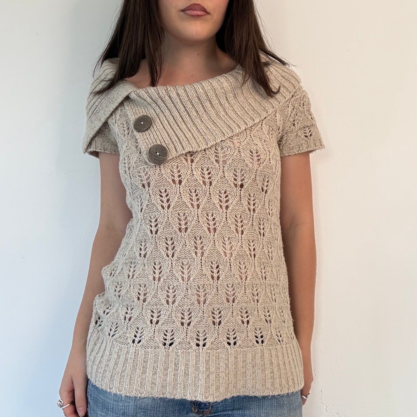 Vintage Jane Norman Cream Knit asymmetrical Button Neck jumper