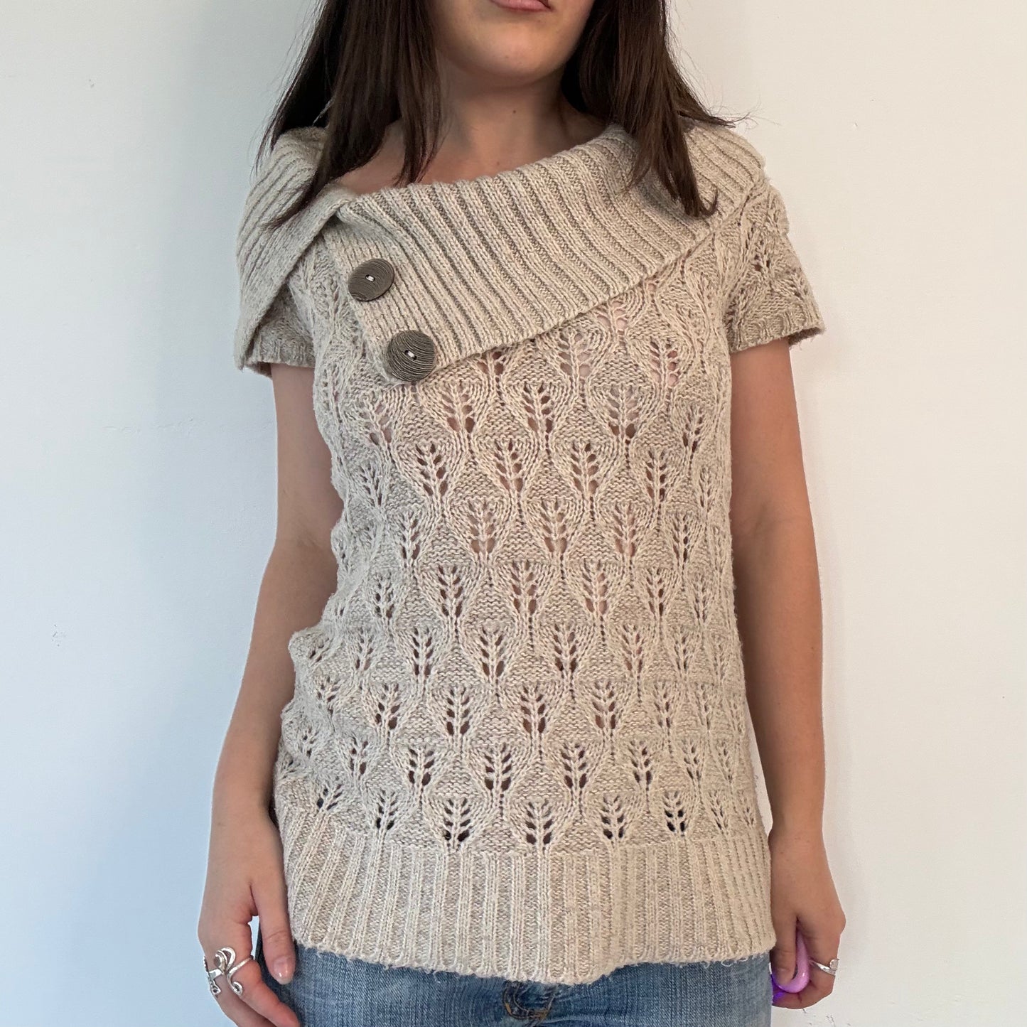 Vintage Jane Norman Cream Knit asymmetrical Button Neck jumper