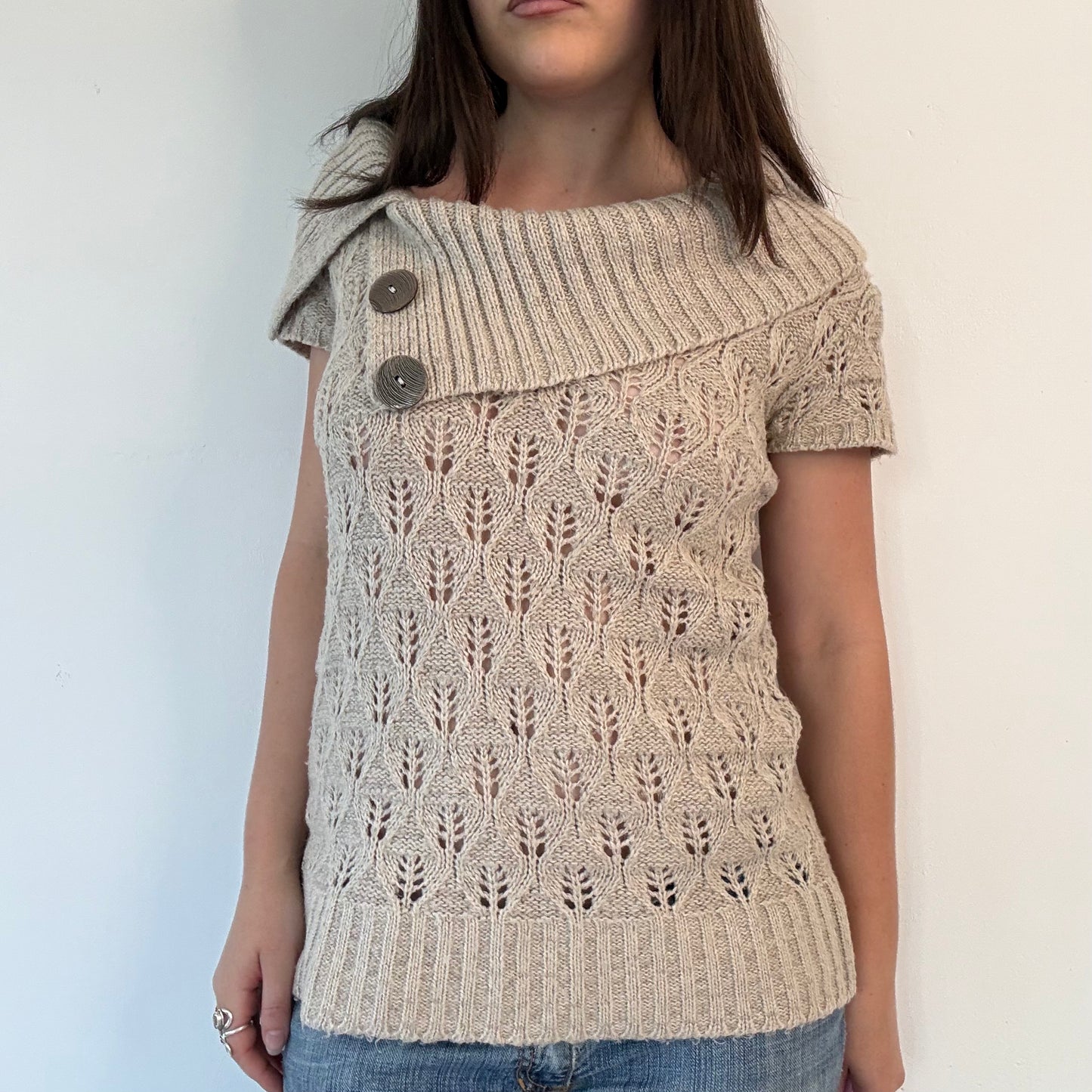 Vintage Jane Norman Cream Knit asymmetrical Button Neck jumper
