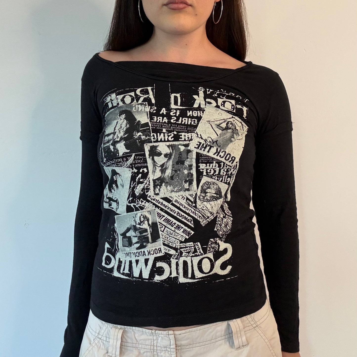 Y2K black rock graphic long sleeve top