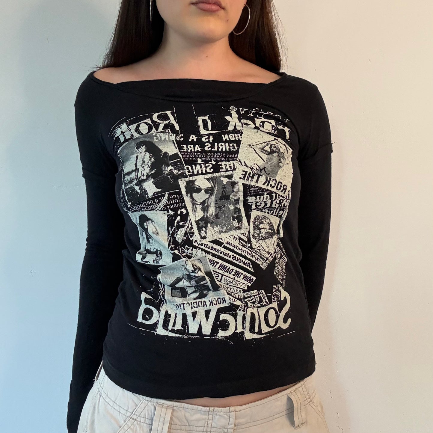 Y2K black rock graphic long sleeve top