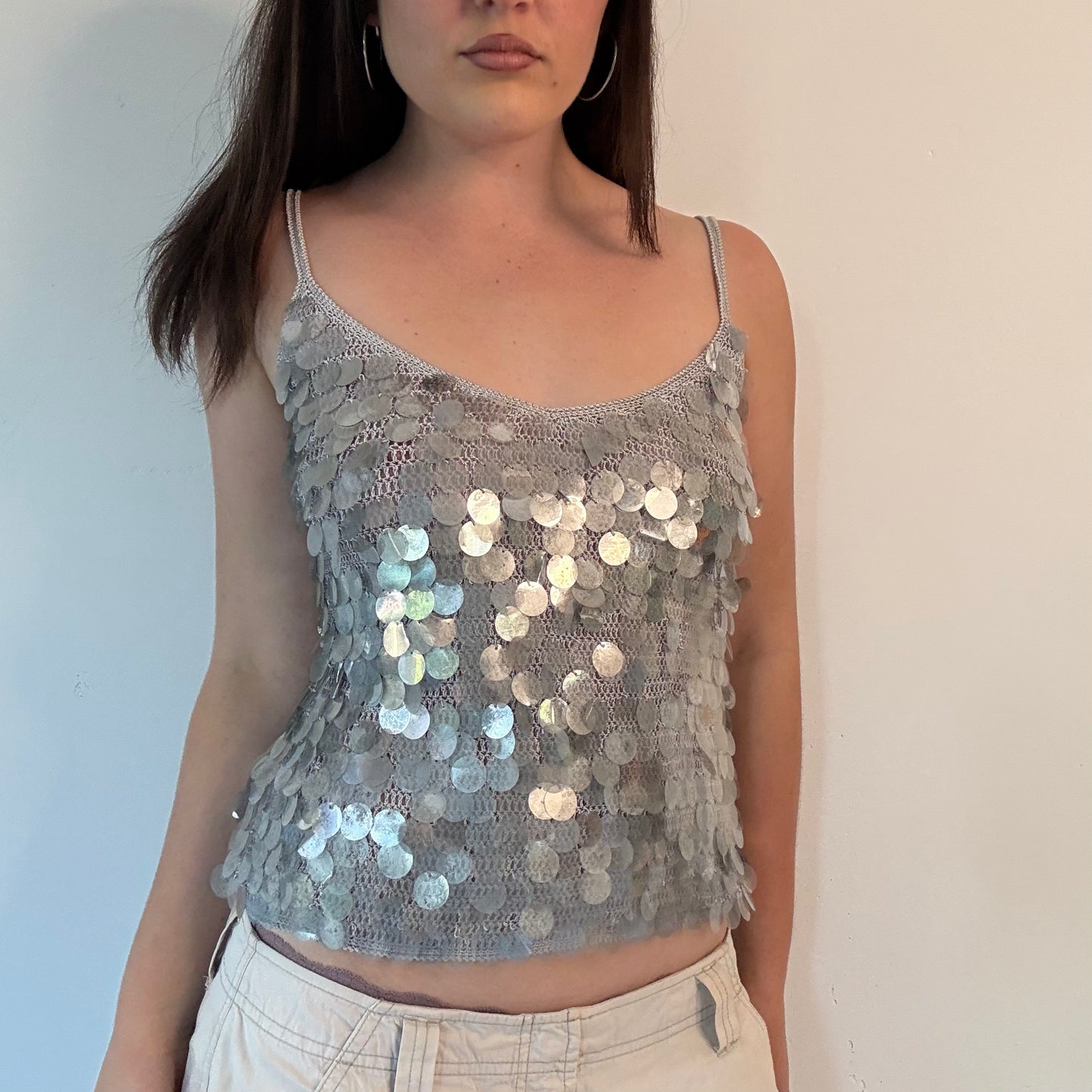 Silver sequin disc sparkly cami top