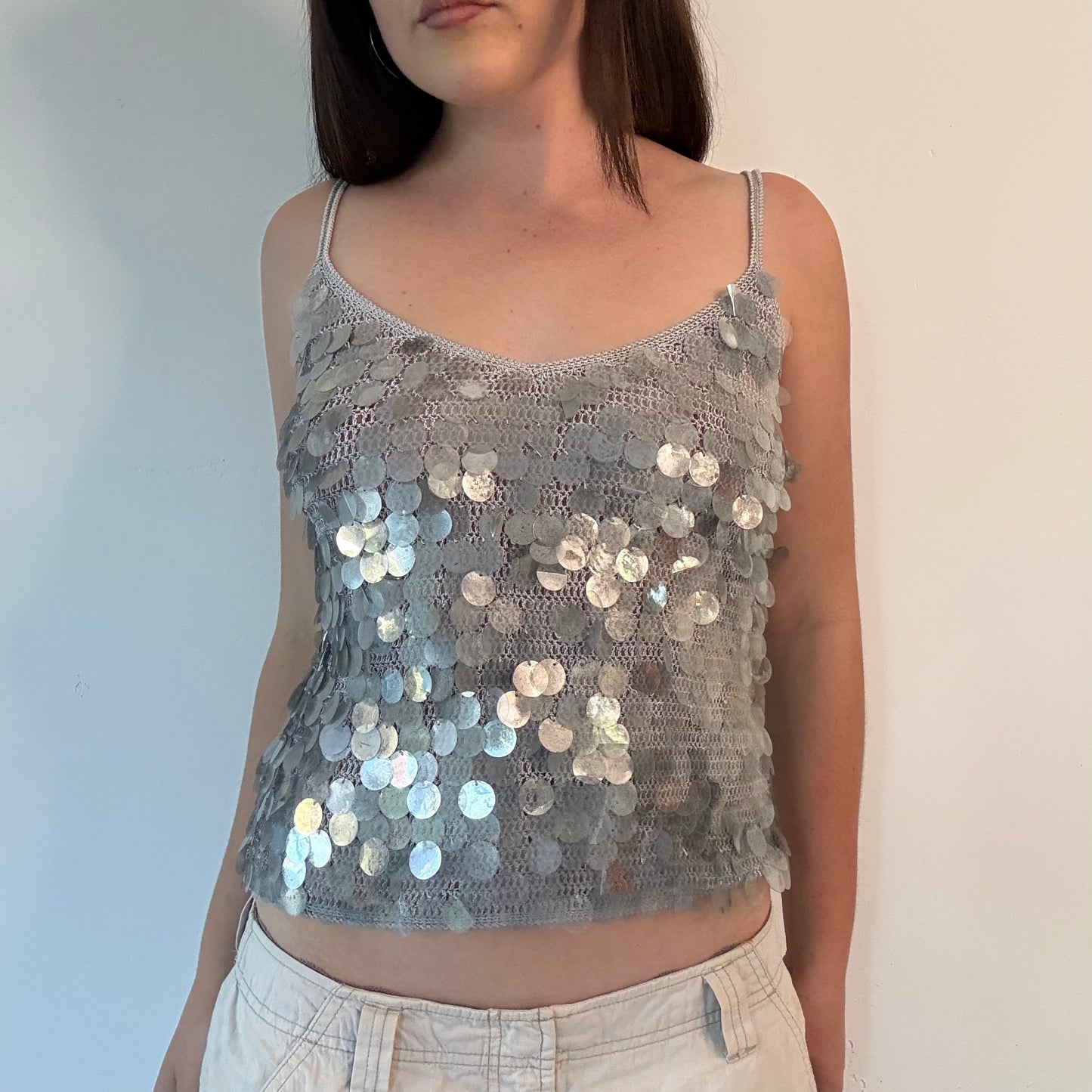 Silver sequin disc sparkly cami top