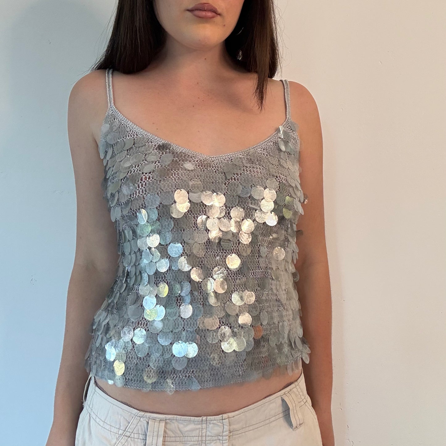 Silver sequin disc sparkly cami top