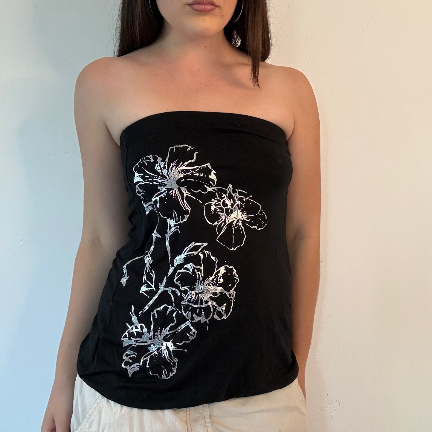 Y2K Black Floral Graphic Bandeau Top