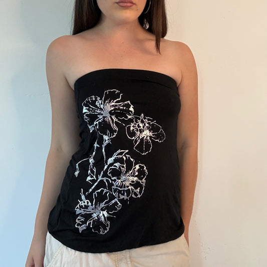 Y2K Black Floral Graphic Bandeau Top