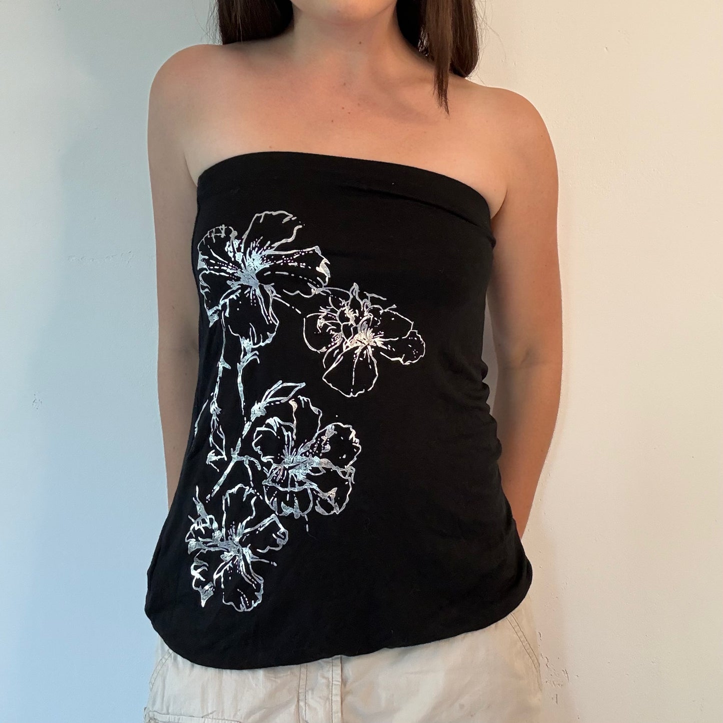 Y2K Black Floral Graphic Bandeau Top