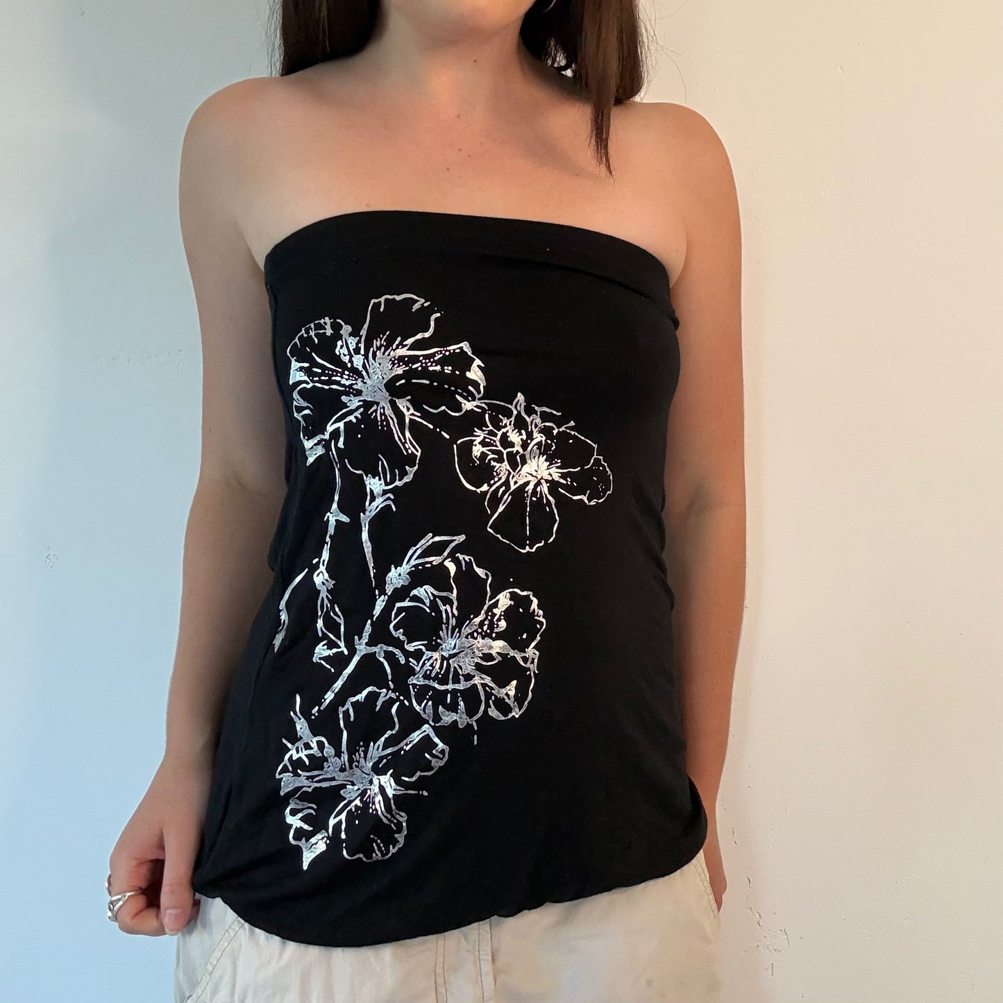 Y2K Black Floral Graphic Bandeau Top