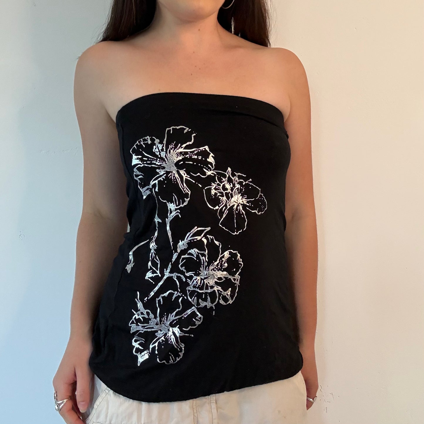 Y2K Black Floral Graphic Bandeau Top