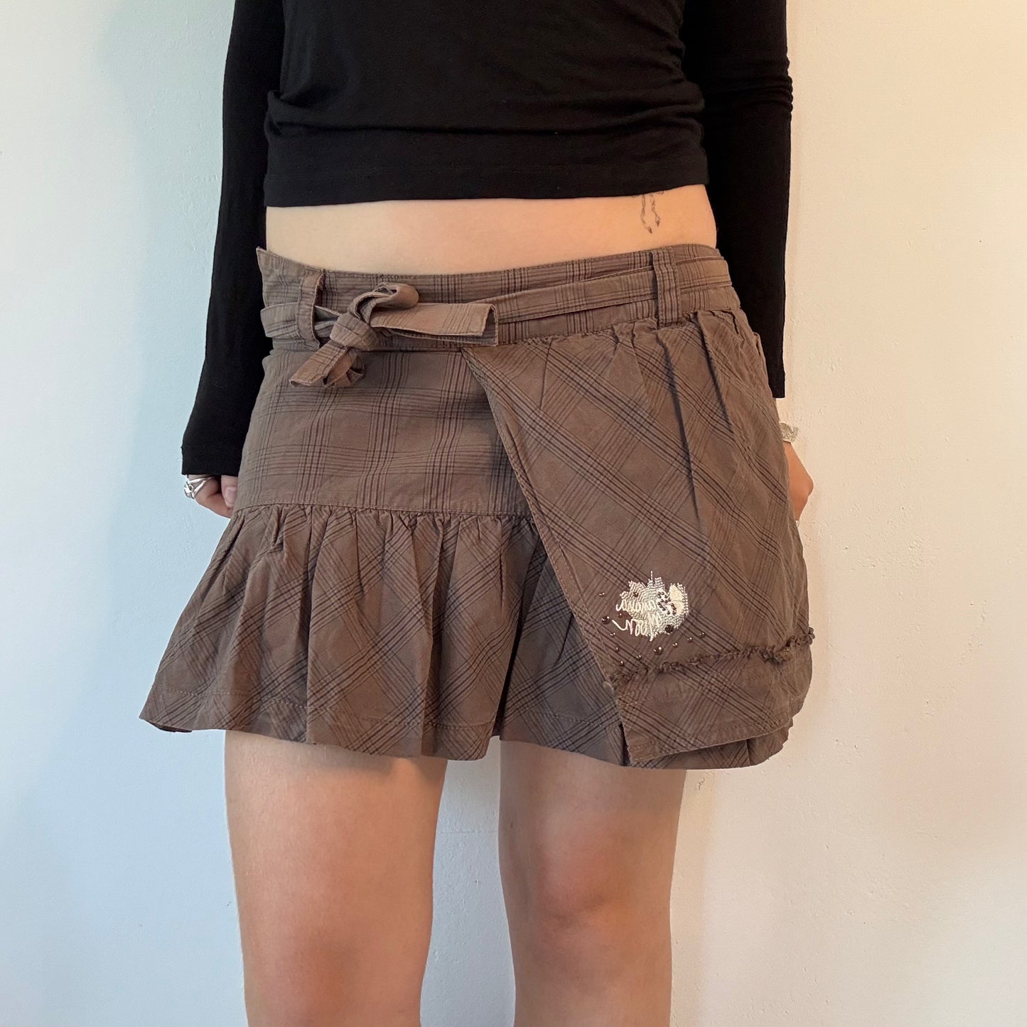 Y2K Brown low rise Plaid Ruffle Mini Skirt