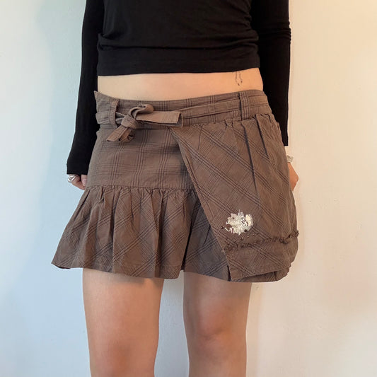 Y2K Brown low rise Plaid Ruffle Mini Skirt
