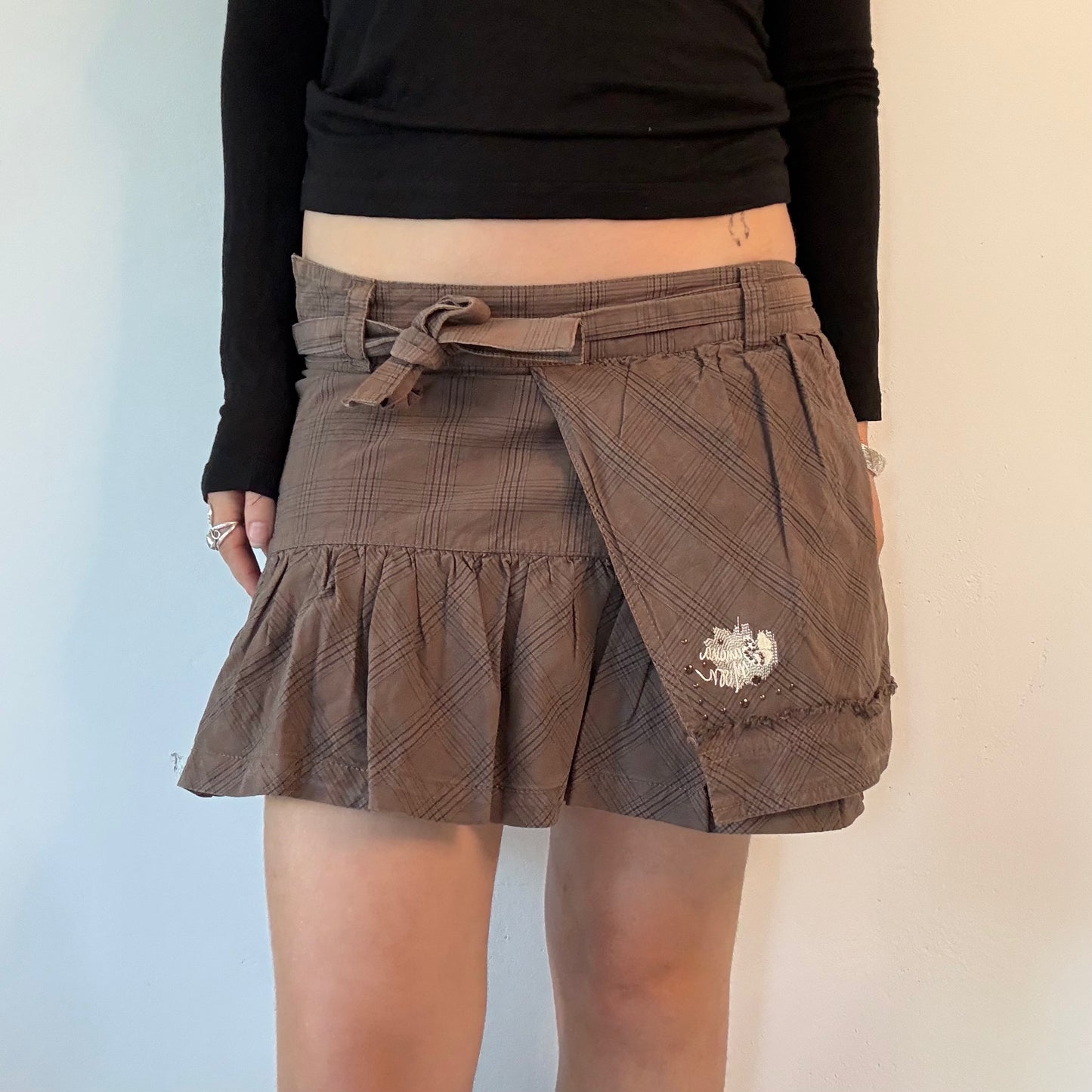 Y2K Brown low rise Plaid Ruffle Mini Skirt