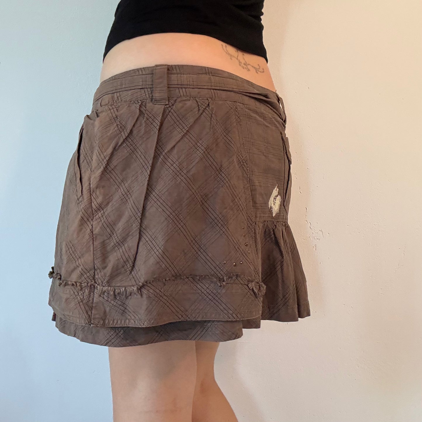 Y2K Brown low rise Plaid Ruffle Mini Skirt