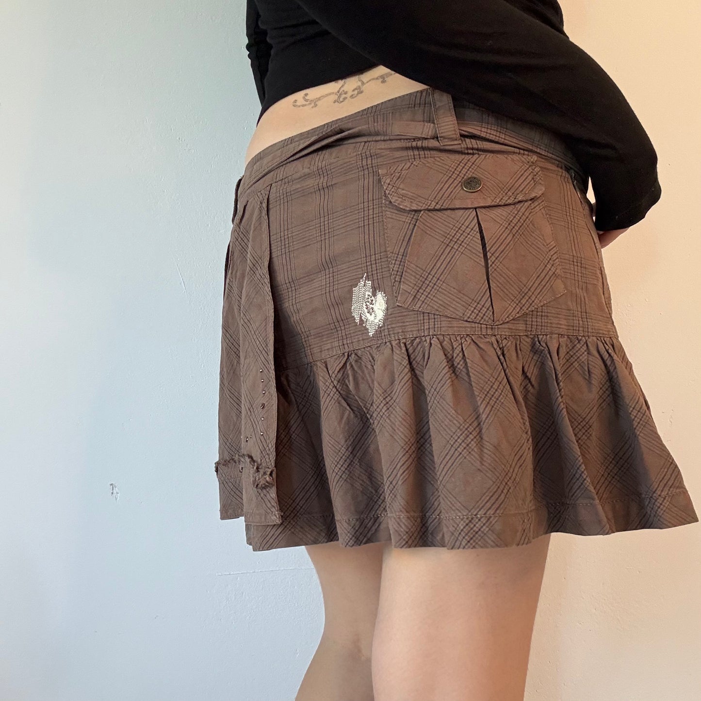 Y2K Brown low rise Plaid Ruffle Mini Skirt