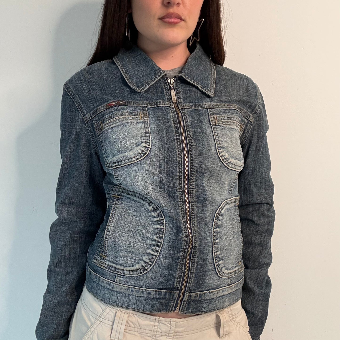 Vintage denim zip up moto style jacket