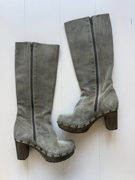 Vintage chunky knee high boots with stud detailing