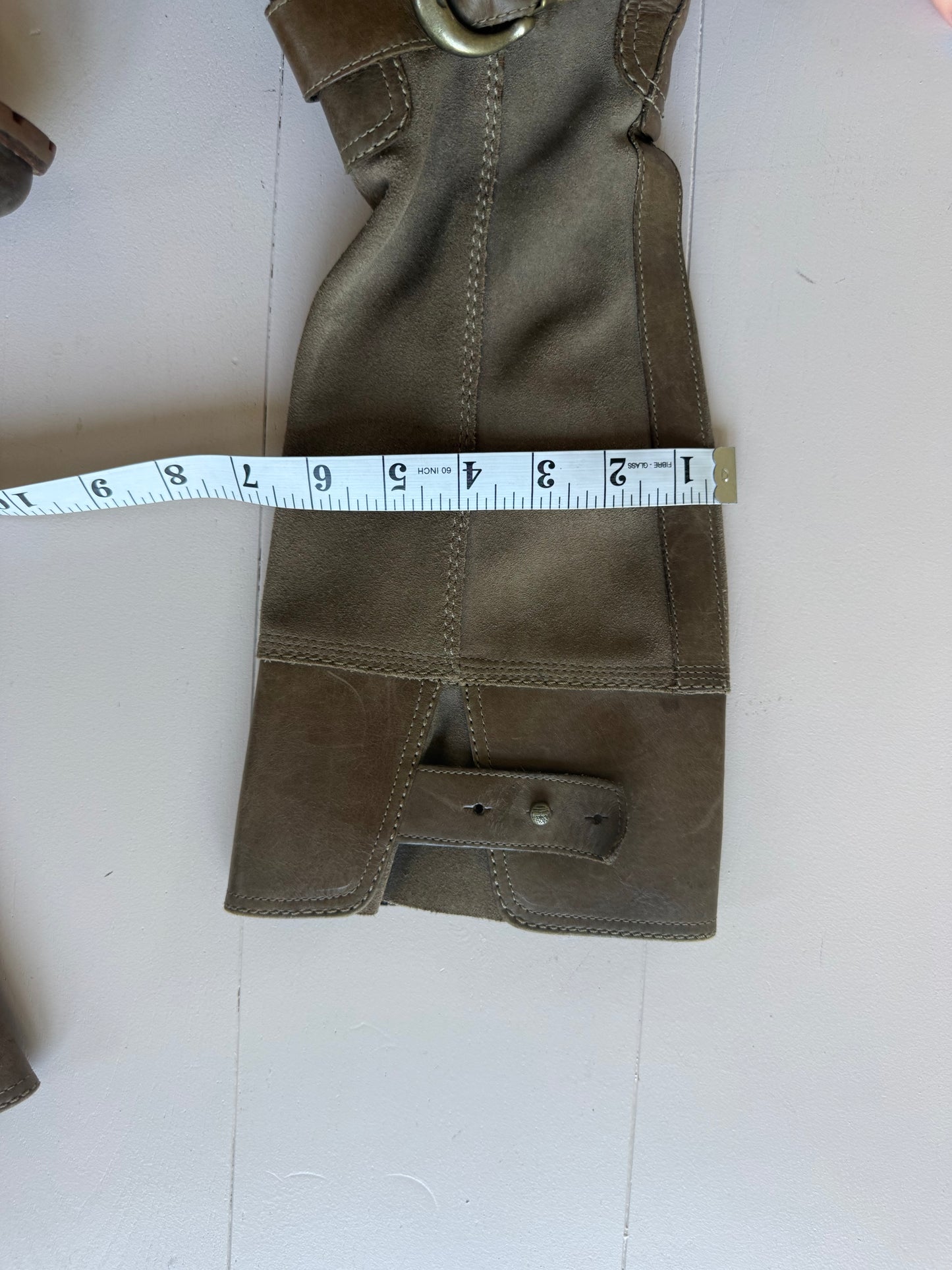 Timberlands brown chunky boots with brass buckle detail