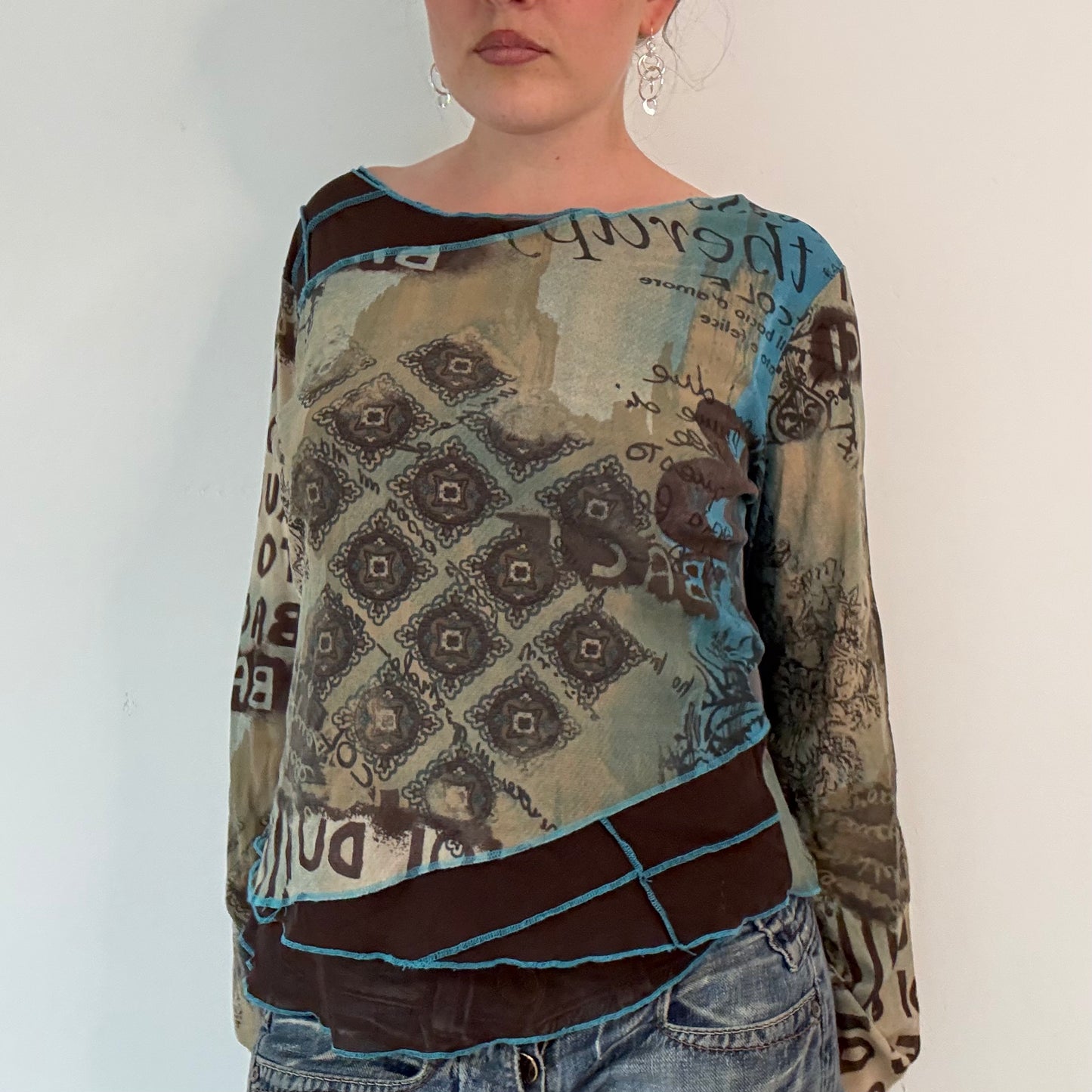 Y2k mesh graphic long sleeve top