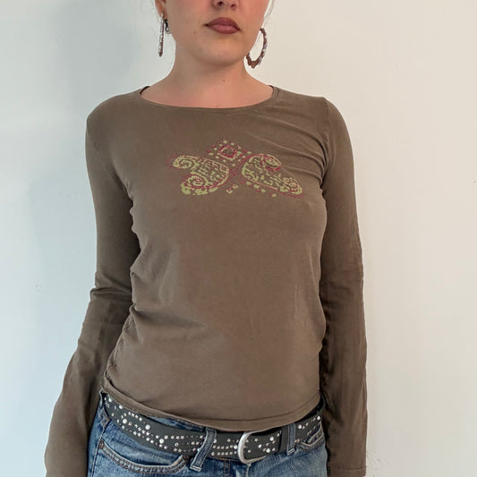 Vintage khaki cache cache graphic long sleeve top